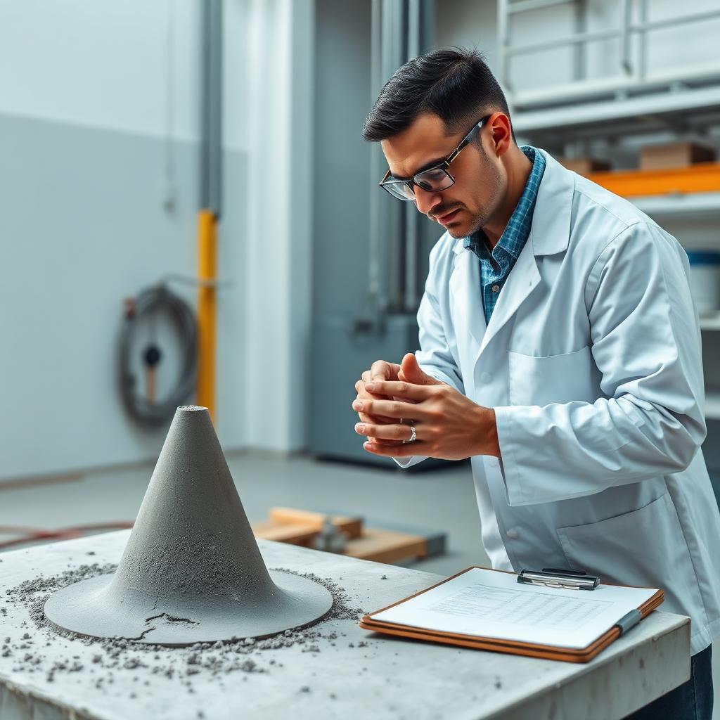 Técnico da POLI realizando ensaio de abatimento (slump test) em laboratório